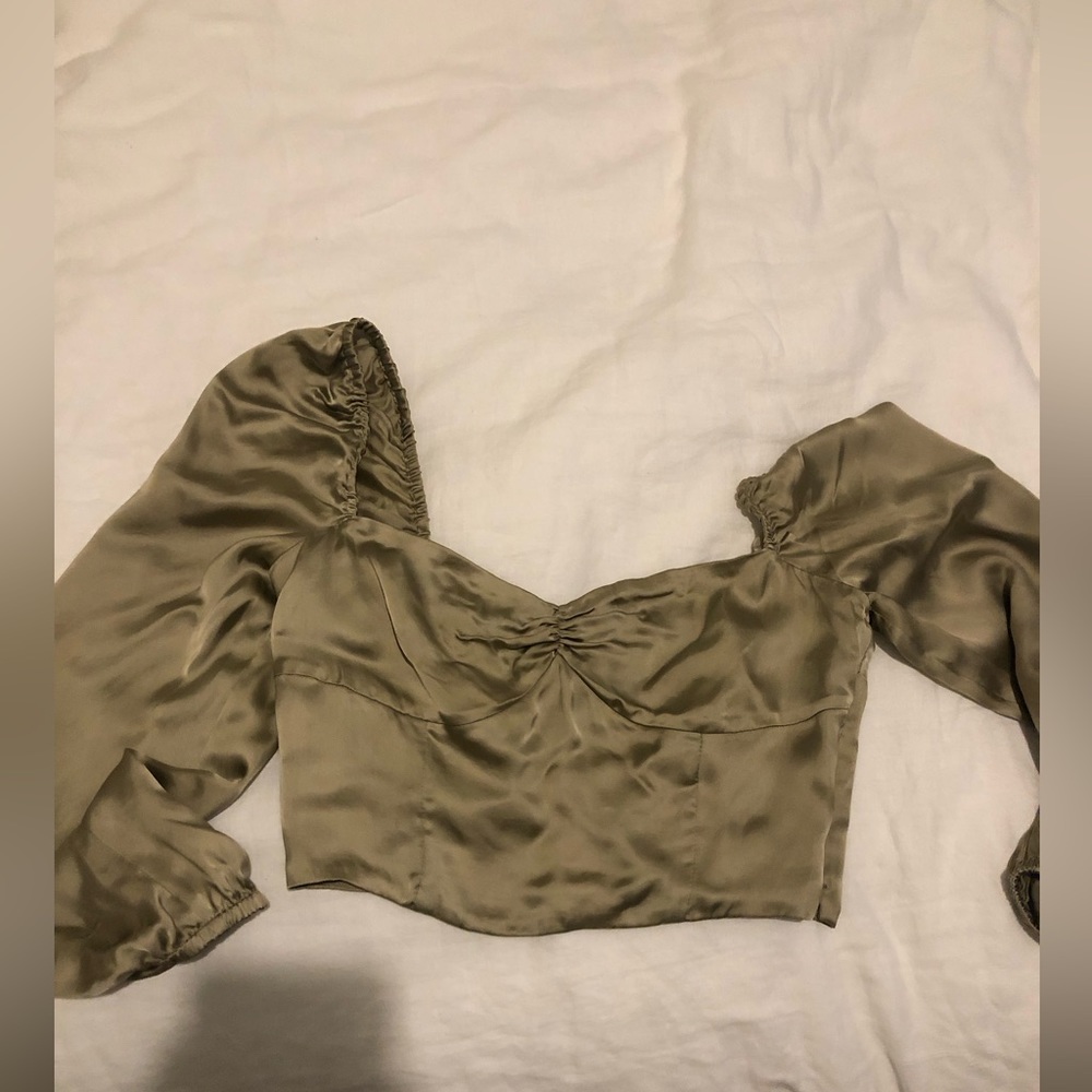 Aritzia Sunday Best Satin Olive Blouse